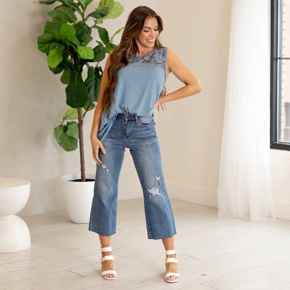 Judy Blue Denim - Judy Blue High Rise Medium Wash  Cropped Wide Leg Jeans 1/25